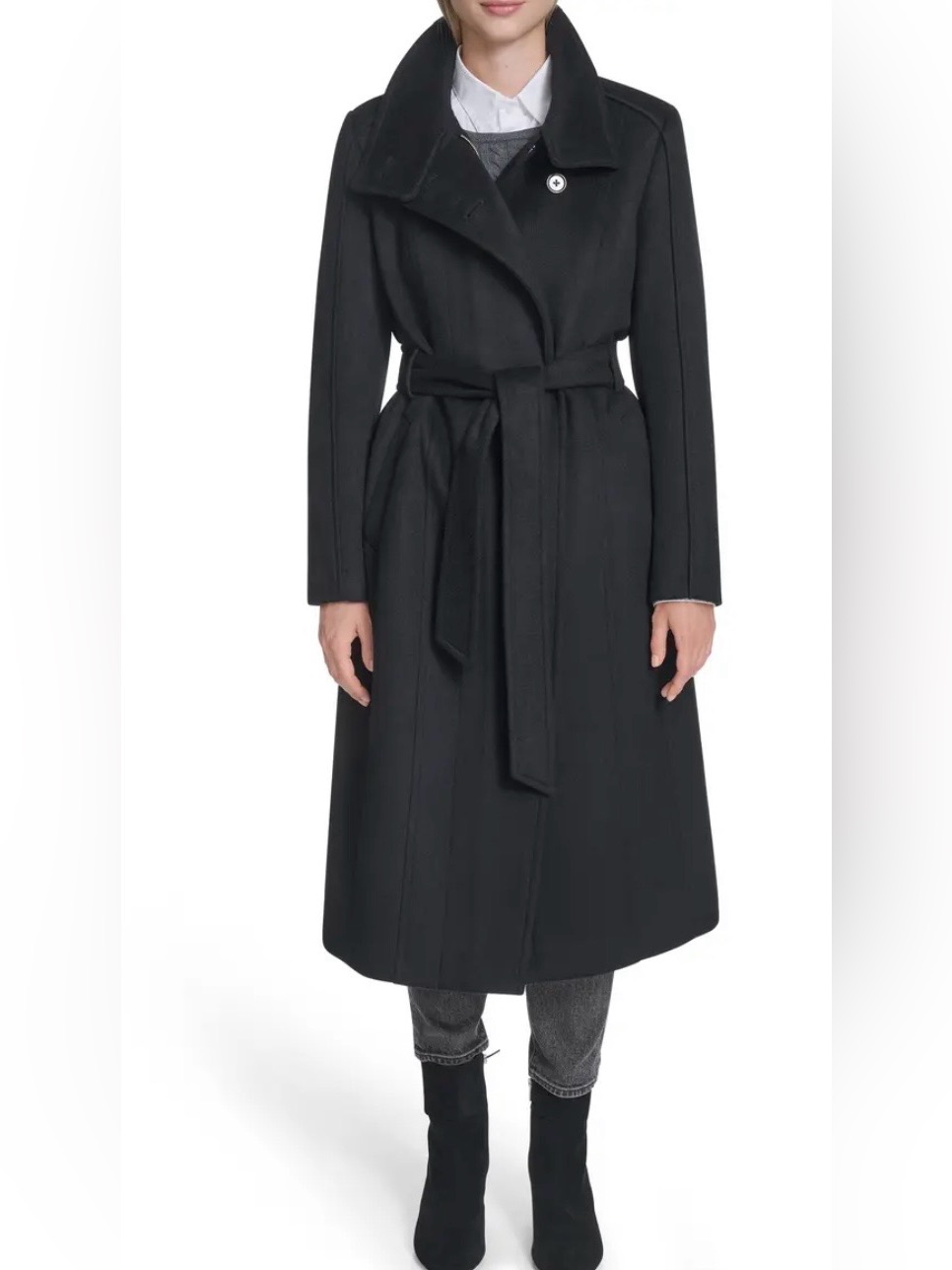Cole Haan Black Slick Wool Asymmetric Zip Self Belted Signature Tag Coat Nwt 14 — image 3 of 8